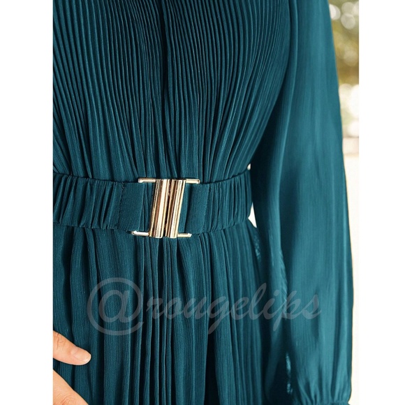 Teal Blue Boho Mini Pleated Dress Belted, Elastic - Picture 6 of 7